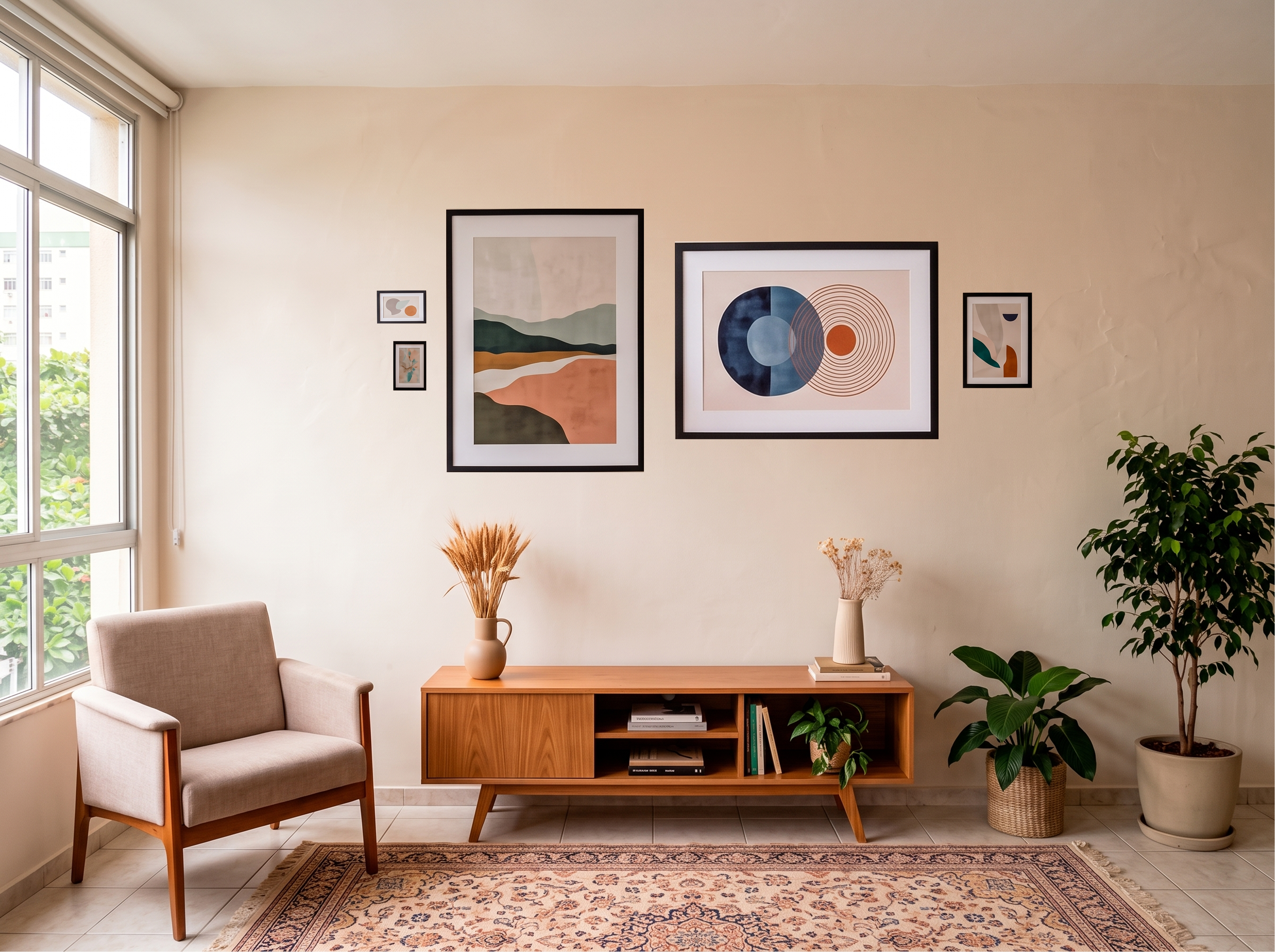 Comparativo de proporção dos quadros 10x15, 29x21 e 60x80 em ambiente decorado